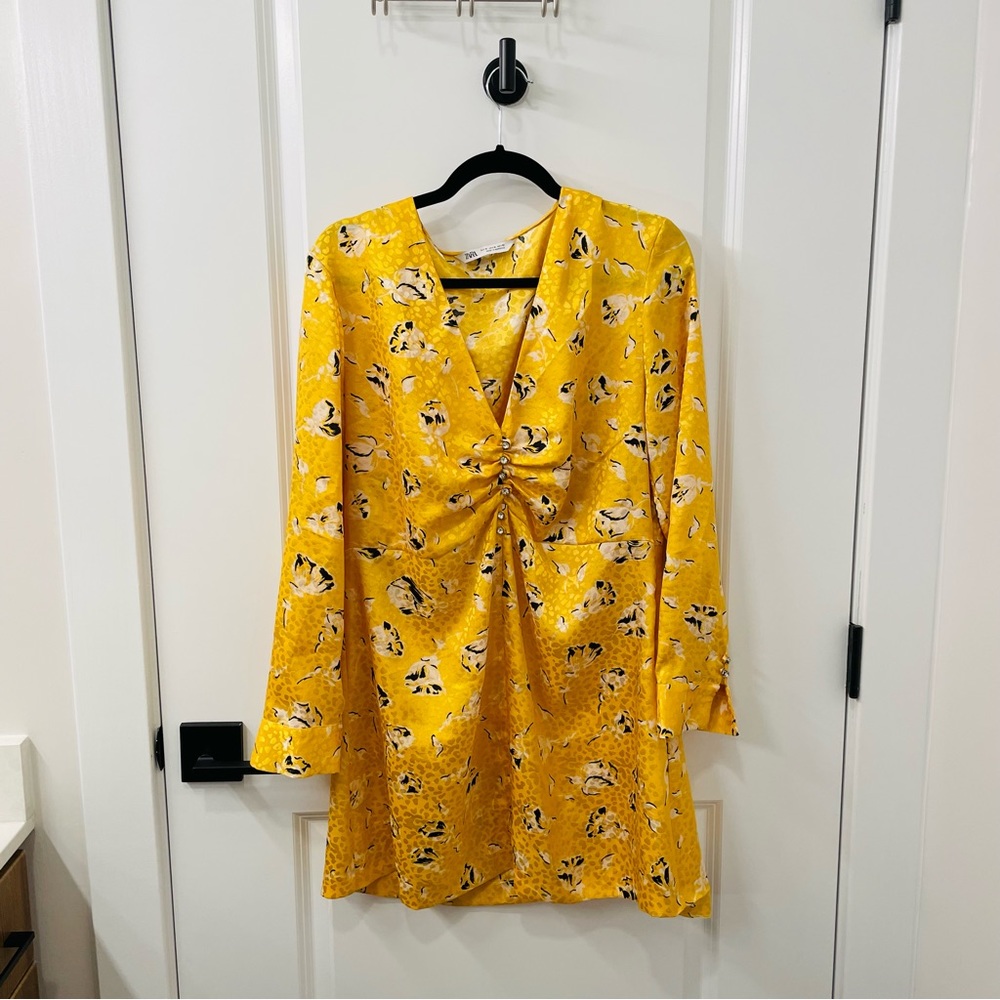 ZARA yellow animal printed dress with black and white flowers